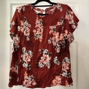 Maurices Red Floral Smocked Blouse Boho Flutter Sleeve Top 2X